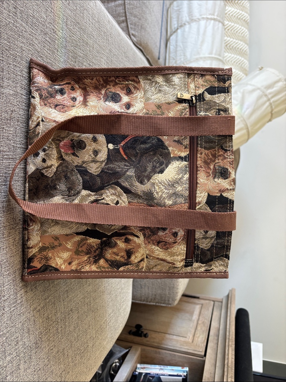 Brown Dog-Print Canvas Tote with Zip Pocket